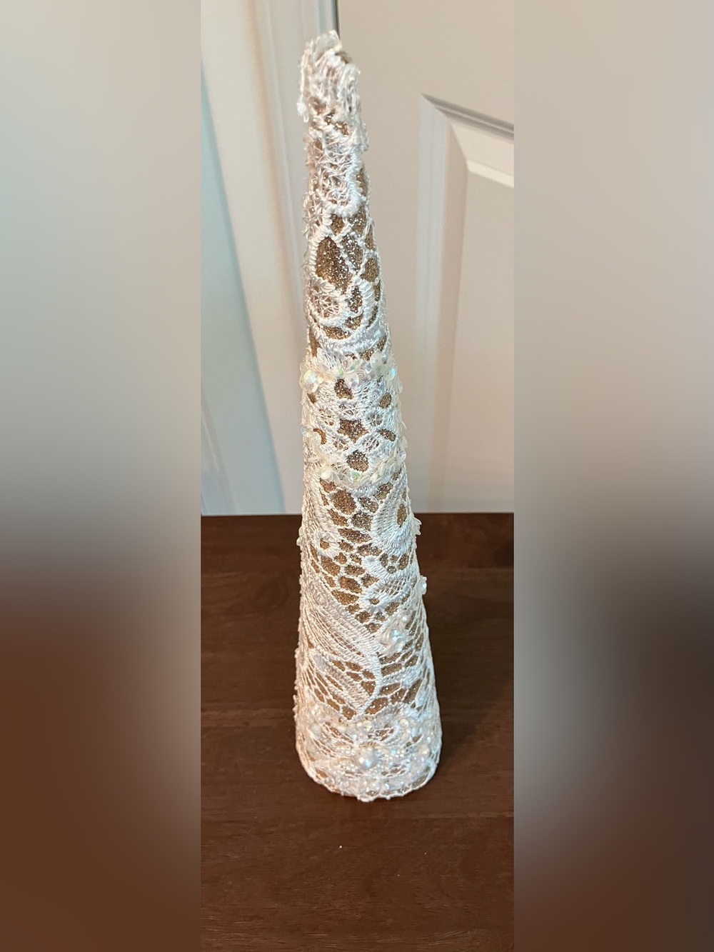 Elegant Gold Glitter & White Lace Cone Christmas Tree Table Decor 15”